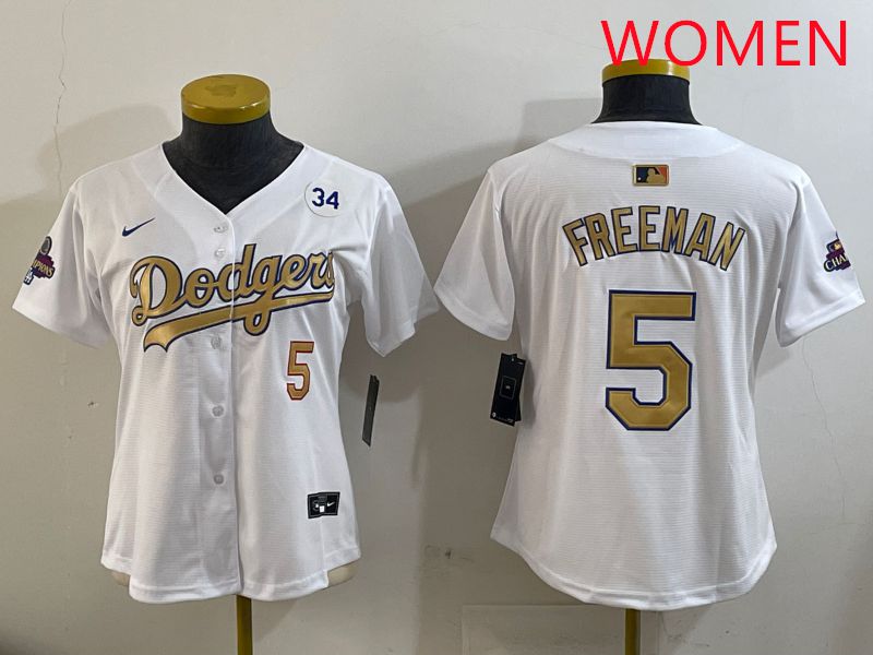 Women Los Angeles Dodgers 5 Freeman White Champion gold character 2025 Nike MLB Jersey style 2